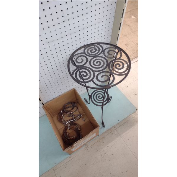 Metal Patio Side Table, and Horse Shoes in box