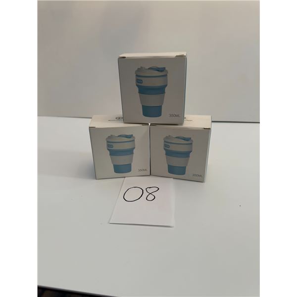 Rocontrip 350 ml Collapsible Cup x 3 (new in box) Light Blue with white trim Spout on top of cap
