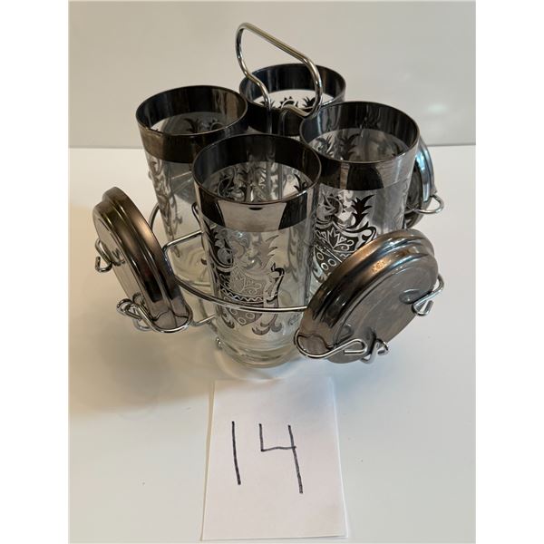 New Set of 4 Kimiko Dining Silver “guardian Crest” Highball w/ Silver Coasters (Kn
