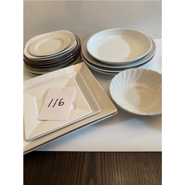 Assorted Collection of white dinnerware including square plates, and bowls