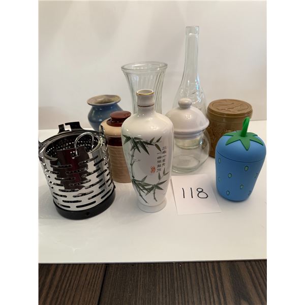 Clear glass jars, Brown ceramic Jar , Strawberry shaped container, hand -painted bamboo designed art