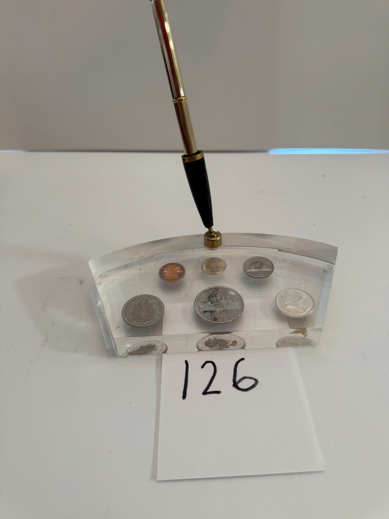 1968 Canadian coins embedded with a clear lucite block desk decor ...