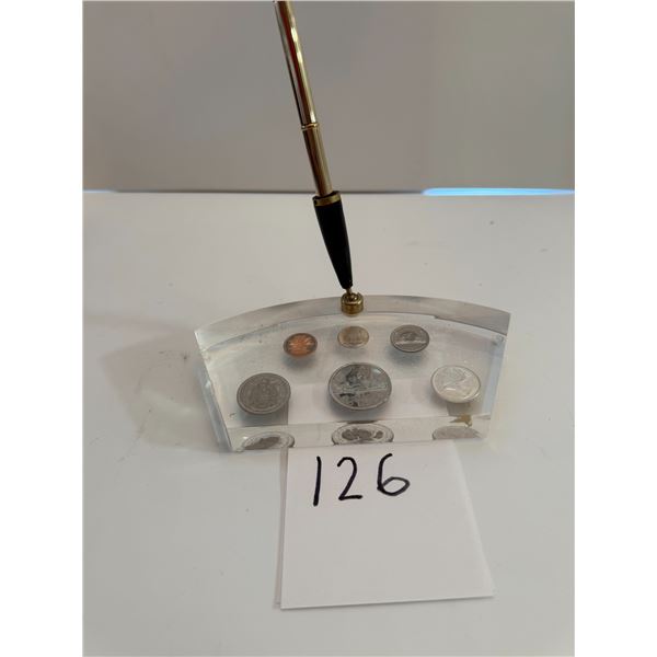 1968 Canadian coins embedded with a clear lucite block desk decor, Collectors item