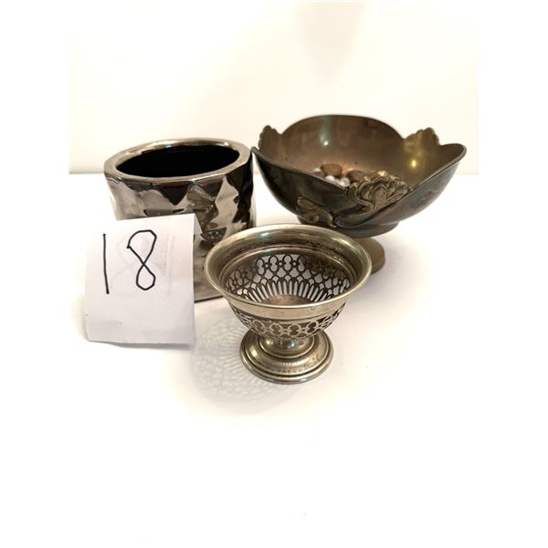 Silver Ceramic Plant Basket, Vintage Brass Bowl., Vintage trinket dish old silver & Cobalt