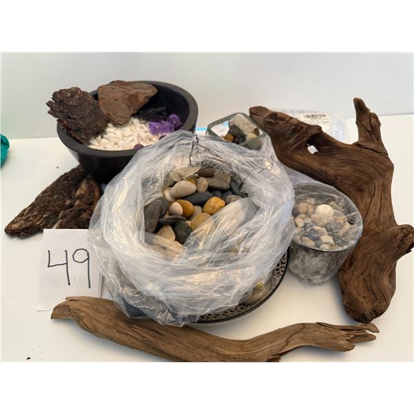 Assortment of Decorative Rocks (different colors + sizes). Including couple ceramic bowls + pieces o