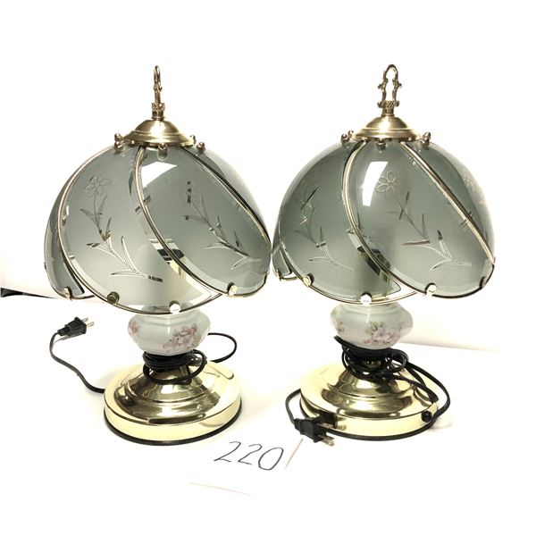 Pair of Vintage Tiffany Style Lamp, white Glass And Gold Metal Flower Design , Bedside