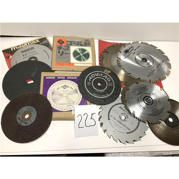 A collection of various circular saw blades and abrasive cutting discs, commonly used with power too