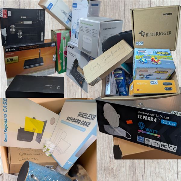 Large group of assorted items - electronics, toys, table lamp, earphones, UV ultrasonic cleaners etc