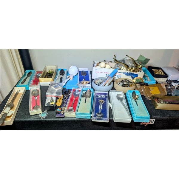 Large group of assorted vintage collectibles - spoons, jewelry etc.