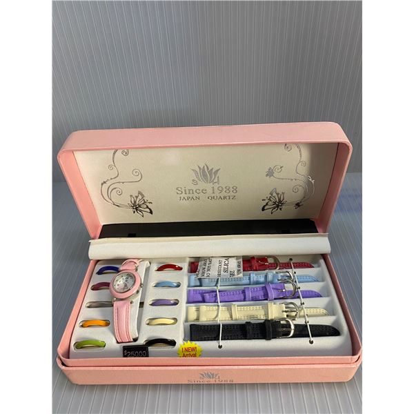 SH Japan Quartz Ladies wrist watch set with multiple bands and colors (new in case)