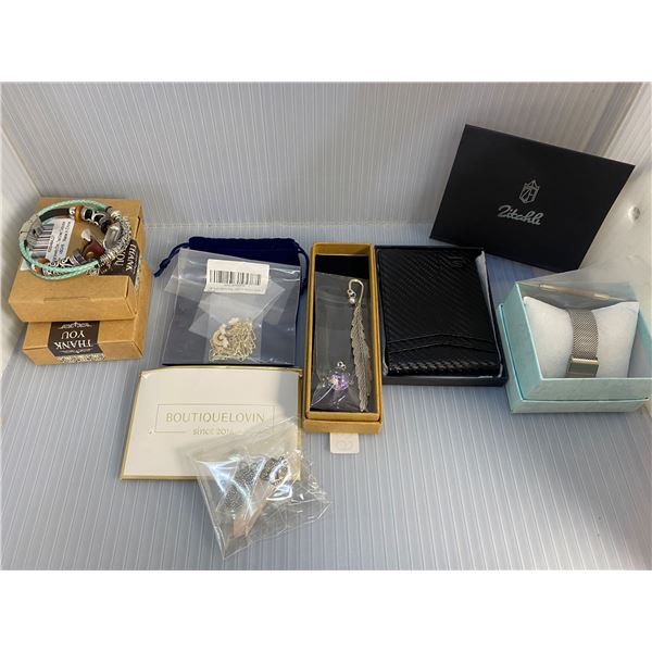 Group of assorted jewelry, accessories, wallet