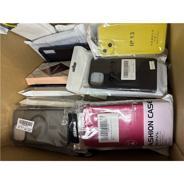 Box full of assorted phone covers