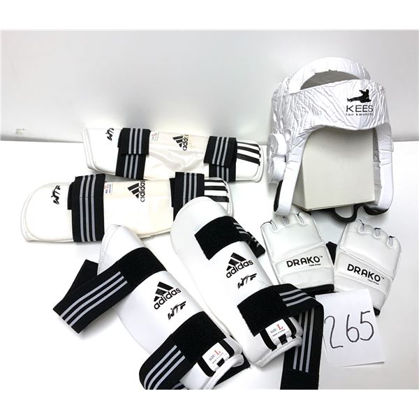 Adidas Taekwondo sparring gear: headgear, shin guards, forearm guards, hand protectors/gloves. Inclu