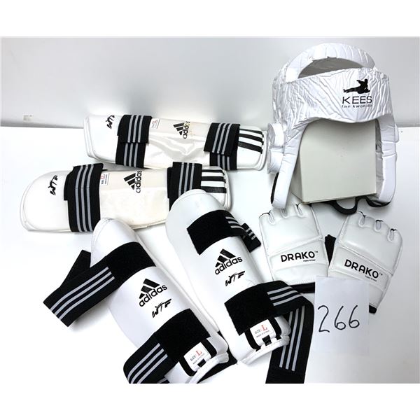 Adidas Taekwondo sparring gear (duplicate of Lot 265). Includes headgear, shin, forearm, and hand pr
