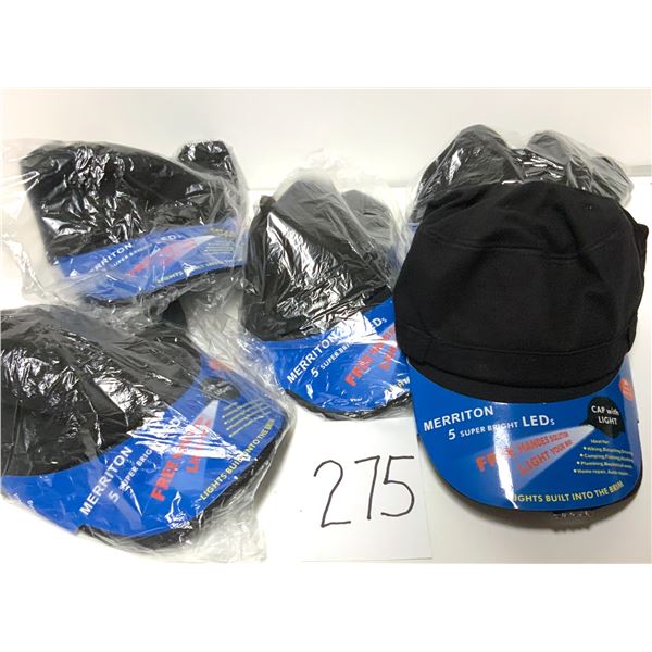 5 New Merriton LED light caps. Built-in 5 LED brim lights, 30+ hrs battery. Hands-free lighting for 