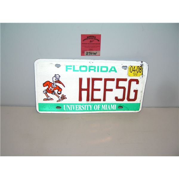 Florida University of Miami vintage license plate