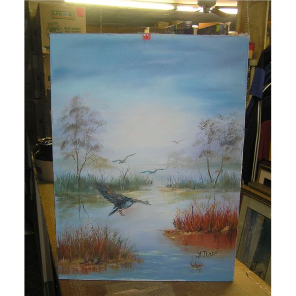 Duck and wildlife themed oil on canvas painting