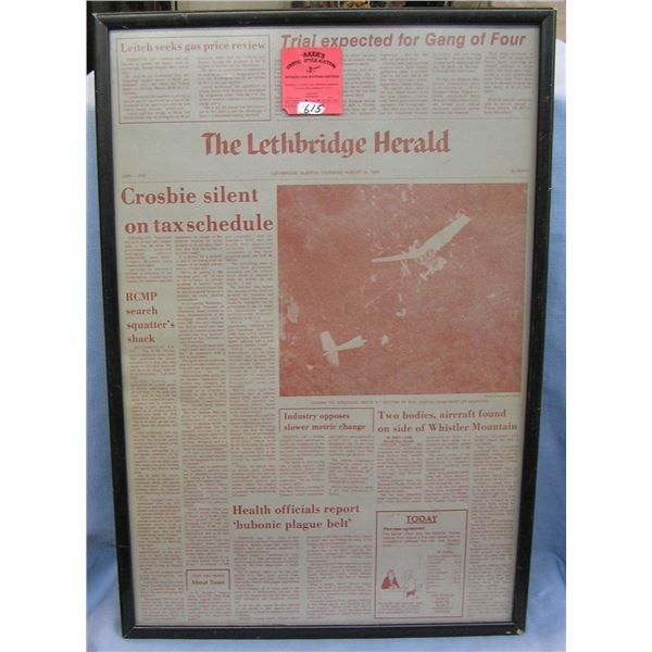 Vintage Lethbridge Herald framed newspaper