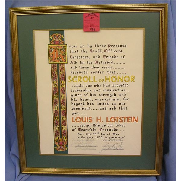 Vintage Scroll and honor award in beautiful gold frame