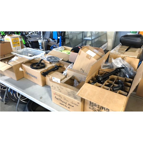 8 BOXES OF BICYCLE PARTS INCL FOLDING STEM, CRANK SET AND MORE