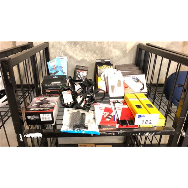 ASSORTED BIKE ACCESSORIES INCL REARVIEW MIRRORS, CUP HOLDERS, PHONE HOLDERS, SADDLE CLAMPS AND MORE