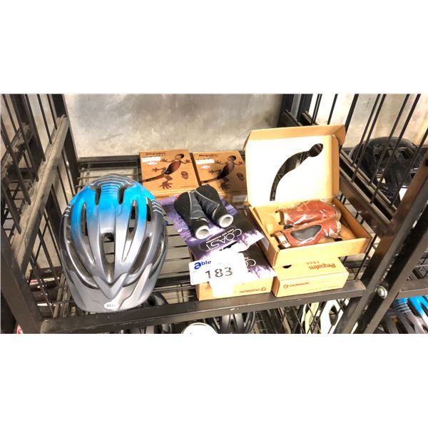 ASSORTED BIKE ACCESSORIES INCL HELMET AND 7 HANDLE BAR GRIPS