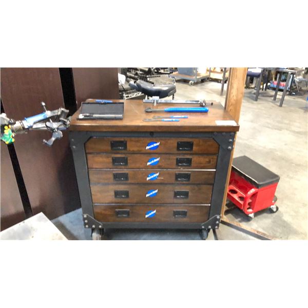 2 CUSTOM BIKE REPAIR STATIONS W/ TOOLS, INDUSTRIAL WOODEN/METAL MOBILE TOOLBOX, 2 UNICYCLE STANDS