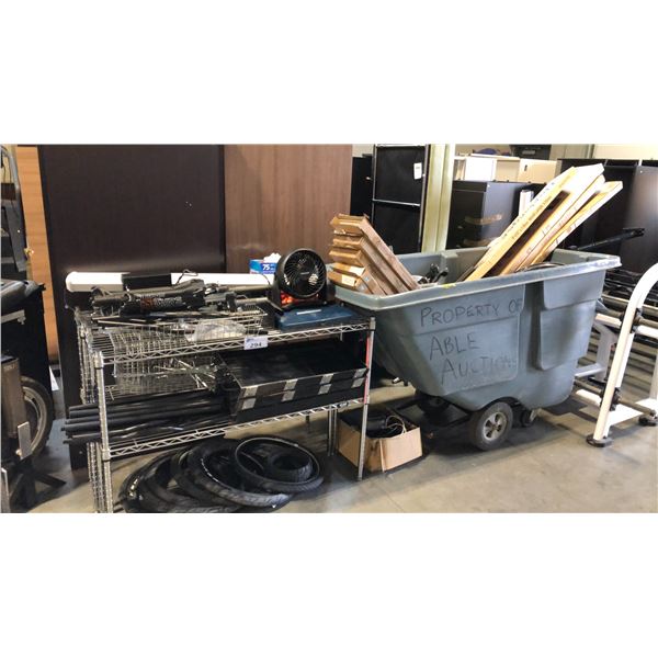 2 METRO STYLE RACKS D12" X W47" X H35" W/ ASSORTED CONTENTS AND A BIN OF ASSORTED CONTENTS