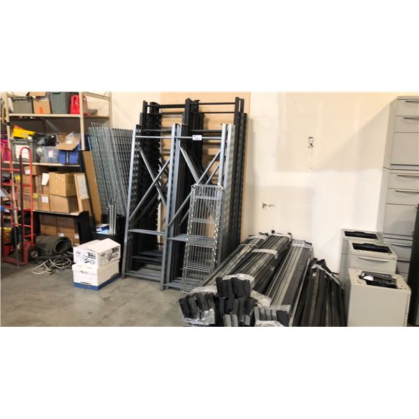 DISASSEMBLED COMMERCIAL RACKING UNITS W/ WIRE SHELVES, METRO STYLE SHELVES AND 2 TABLES