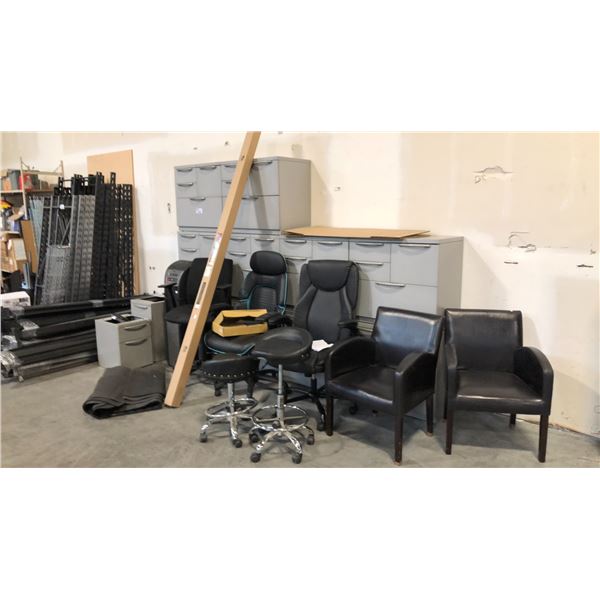 METAL OFFICE CABINETS W/ ASSORTED OFFICE CHAIRS, CULLIGAN WATER DISPENSER, RUBBER MATS AND SEAMLESS