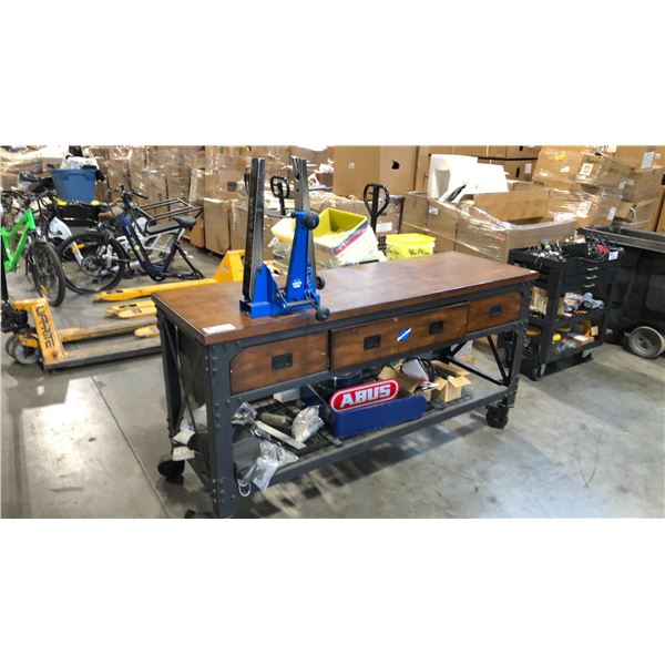 METAL/WOOD INDUSTRIAL 2-TIER MOBILE WORK BENCH W/ 3 DRAWERS AND CONTENTS