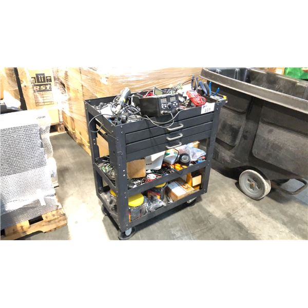 METAL 3-TIER MOBILE CART W/ 3 DRAWERS - CONTENTS INCLUDED