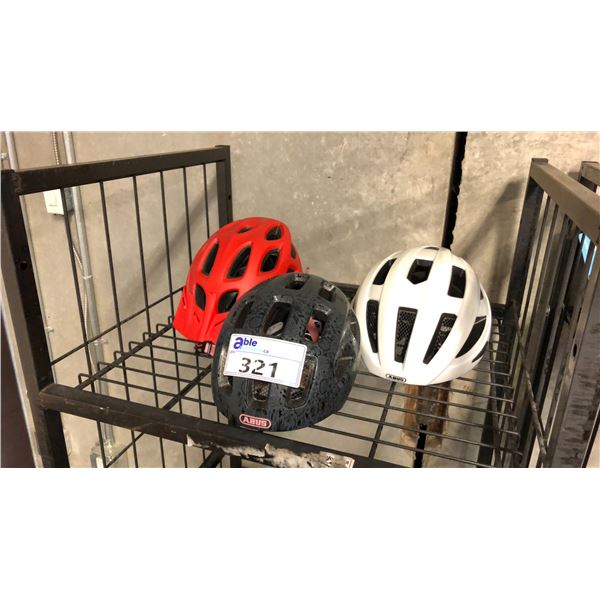 2 ABUS BICYCLE HELMETS AND 1 EVO BICYCLE HELMET