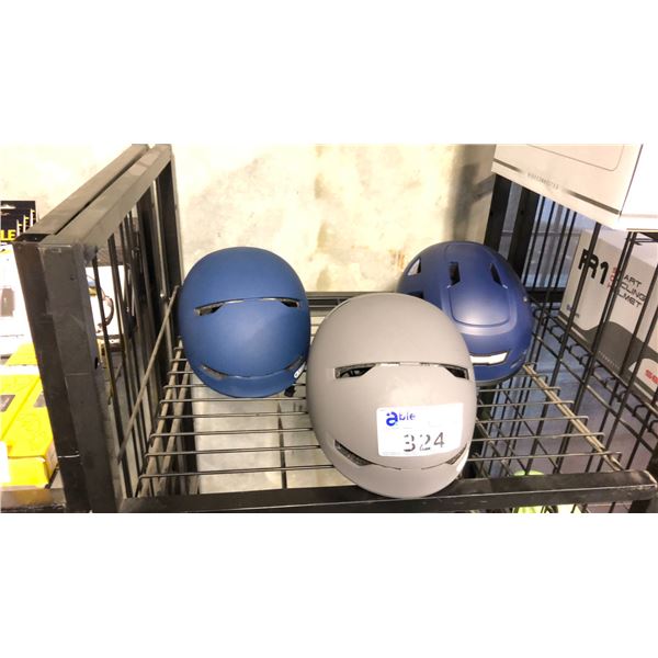 2 ABUS SCRAPPER 3.0 BICYCLE HELMETS AND 1 XNITO BICYCLE HELMET WITH INTERGRADED FRONT AND REAR