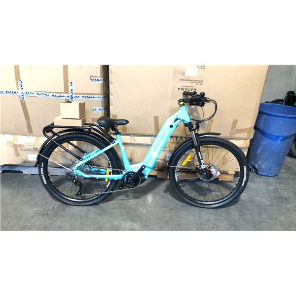 LIGHT BLUE MTS MAX 10-SPEED ELECTRIC BICYCLE WITH CHARGER, KEYS AND PEDALS (IN BOX) *WITH BATTERY*