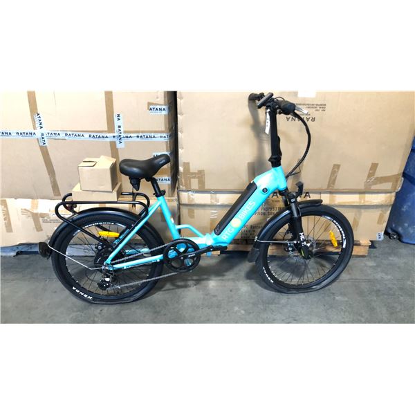 LIGHT BLUE FOX 24 8-SPEED ELECTRIC BICYCLE WITH BATTERY, CHARGER, KEYS AND PEDALS (IN BOX)