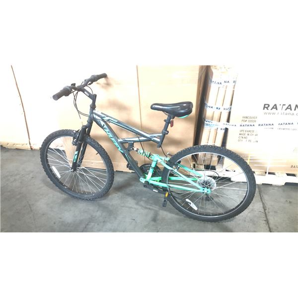 GREY/GREEN HUFFY ROCK CREEK 18-SPEED FULL SUSPENSION MOUNTAIN BIKE