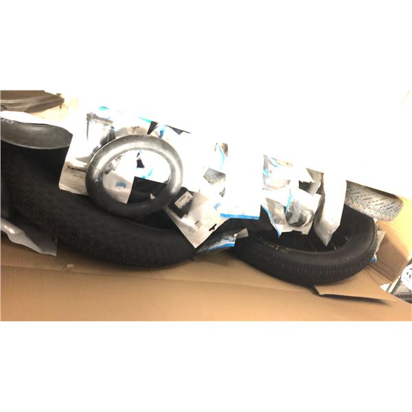 ASSORTED BIKE PARTS INCL BICYCLE WHEEL, TIRE, SCOOTER TUBES AND MORE