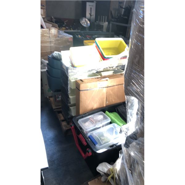 PALLET OF MISC ITEMS INCL BIKE PARTS, LITHIUM-ION BATTERIES, BINS, SHELF, BASIL BUDDY DOG BASKETS