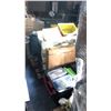 Image 1 : PALLET OF MISC ITEMS INCL BIKE PARTS, LITHIUM-ION BATTERIES, BINS, SHELF, BASIL BUDDY DOG BASKETS