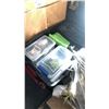Image 2 : PALLET OF MISC ITEMS INCL BIKE PARTS, LITHIUM-ION BATTERIES, BINS, SHELF, BASIL BUDDY DOG BASKETS