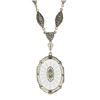 Image 3 : Antique Art Deco White Gold Camphor Glass & Chrysoprase Filigree Drop Necklace