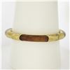 Image 2 : Vintage 14k Gold GIA Arc Shape Orangy Brown Jade w/ Floral Work Bangle Bracelet