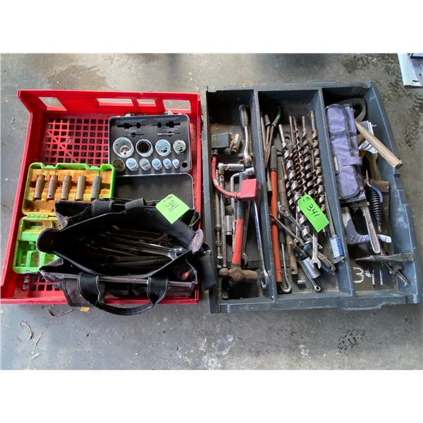 Two Containers of Tools, Hole Saw Kit, Wood Bits, Combination Wrench’s & Misc Tools