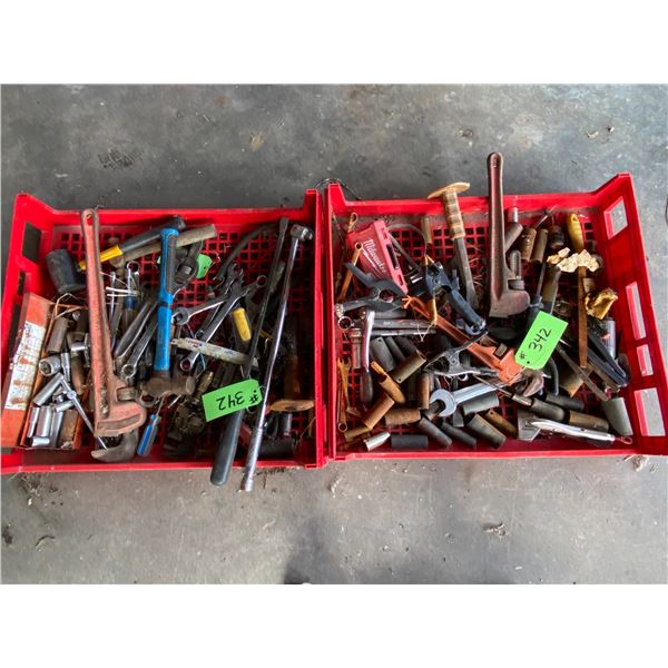 Two Red Containers of Various Misc Tools