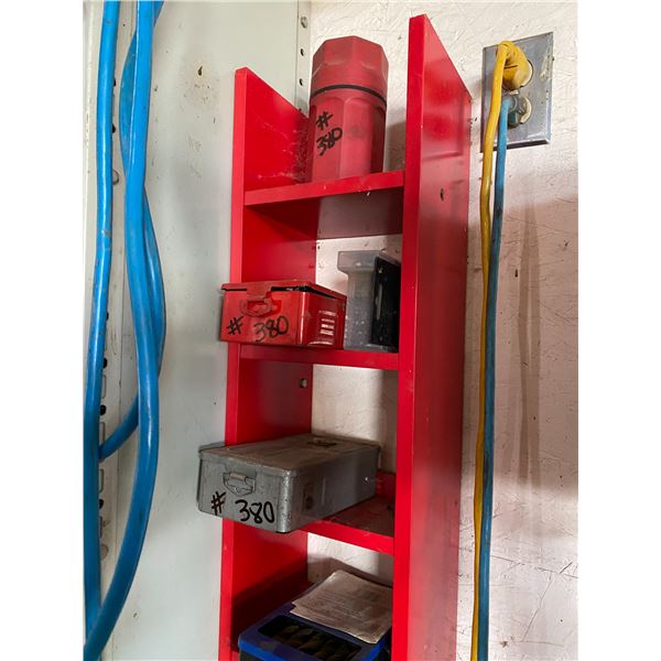 Red Metal Shelf Unit c/w Qty of Drill Bits