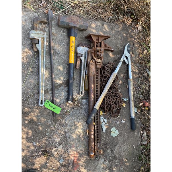 Alum. Pipe Wrench, Jack-all, Chain, Tire Bar & Sledge