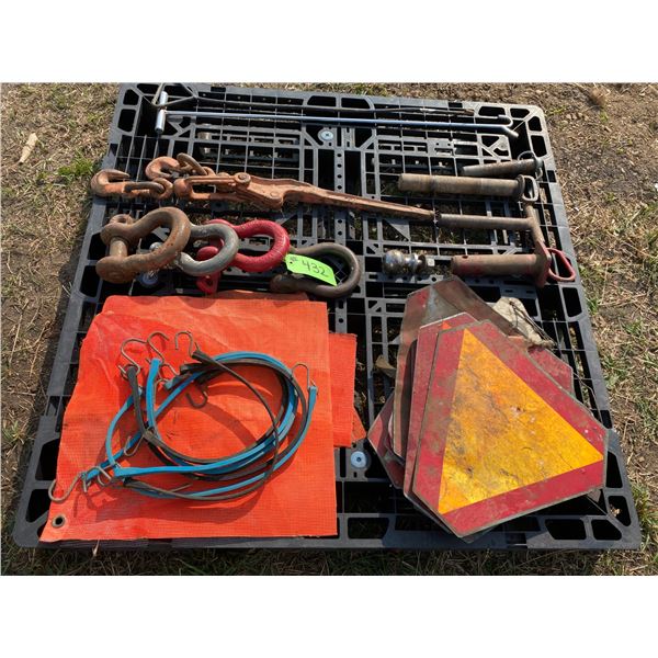 Qty of Slow-Moving Signs, Shackles, Pins, 5th Wheel Tool, Chain Boomer, etc.