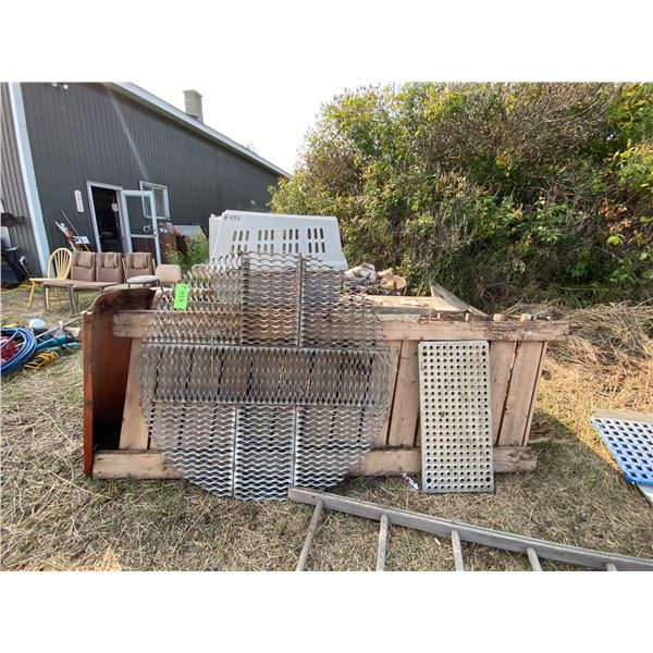 Grating, Wood Ladder, Blue Square Flooring & Metal Shield & Two Wheel Cart c/w Banding
