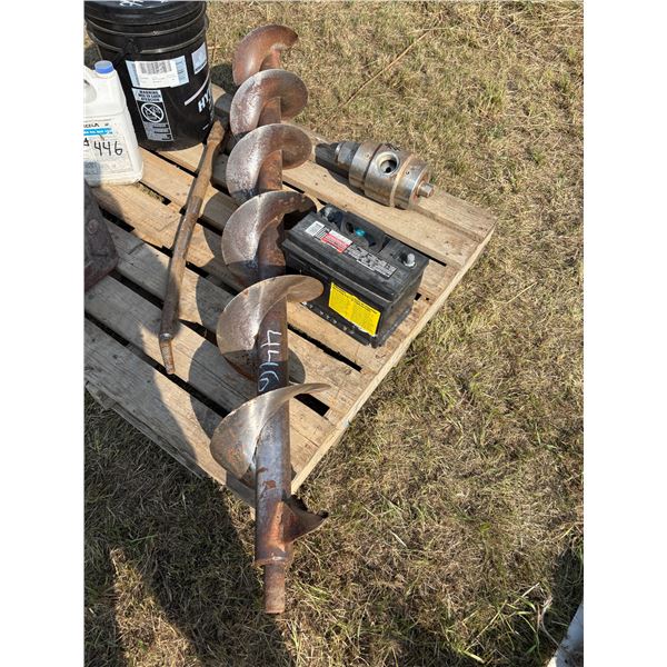 Full pail of hyd oil, auger bit, battery